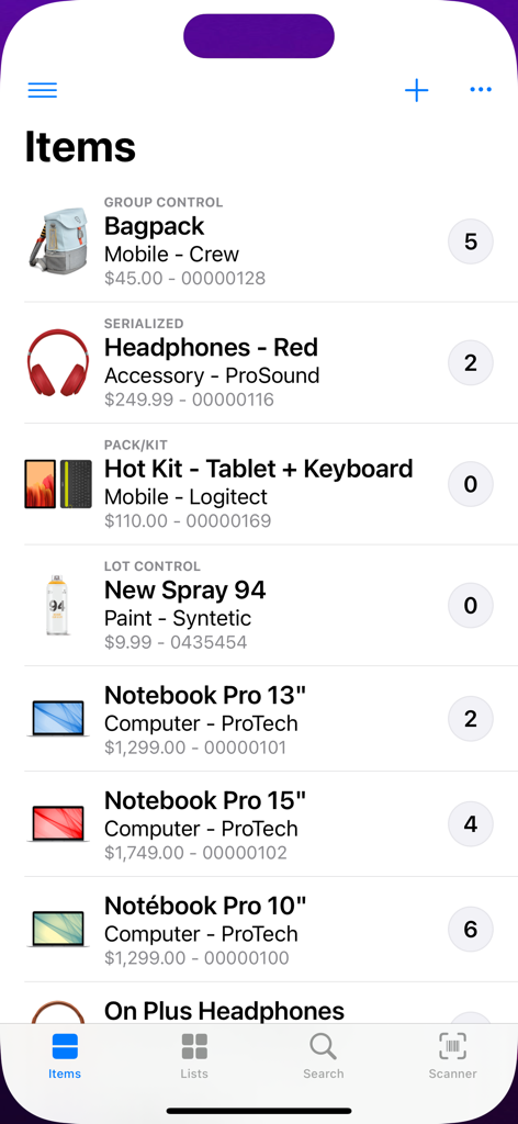 Invoice Center - Get Paid Fast - Inventory management screen in Invoice Center showing product list with stock levels and prices