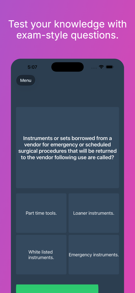 Surgical Instrumentation - A multiple choice quiz screen in the Surgical Instrumentation app showing a medical exam style question