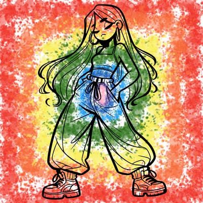 girl in baggy pants crop top and long hair