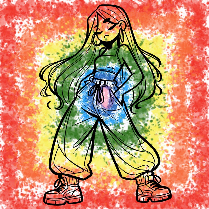 girl in baggy pants crop top and long hair