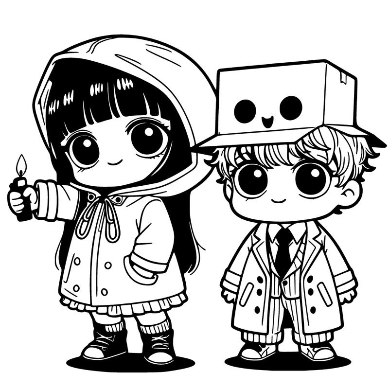 a short litter girl with a raincoat and her hair covering her eyes and she has a lighter in her hand and she has a friend he has a coat and pants with a paper box on his head and tiny holes in the paper box so he can see