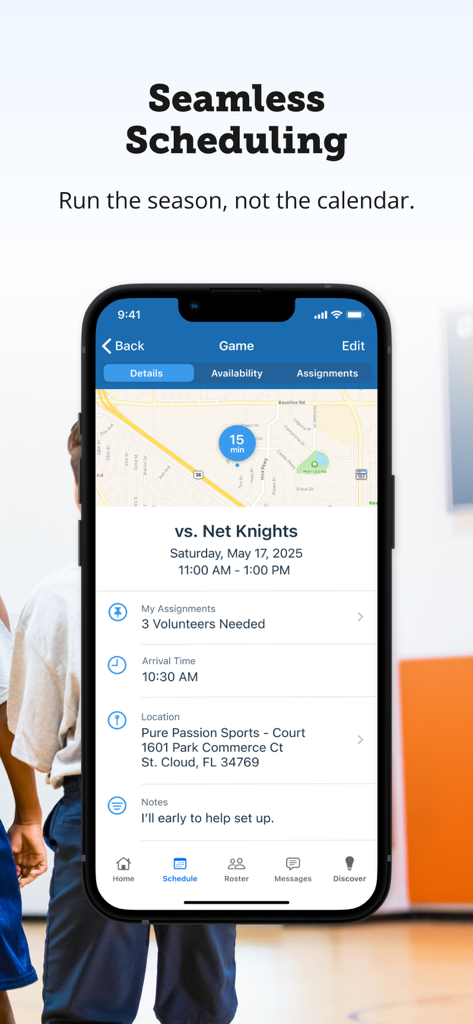 TeamSnap mobile app interface showing youth sports game scheduling with map and volunteer assignments