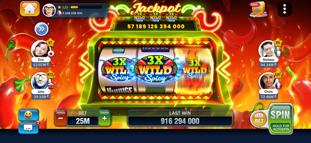 Interface de jeu de machine à sous mobile Huuuge Casino présentant le thème Wild Spicy avec des piments brûlants et des profils de joueurs sociaux