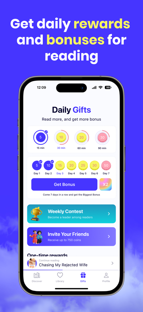 AlphaNovel app daily gifts screen showing reading time rewards and weekly contest bonuses.