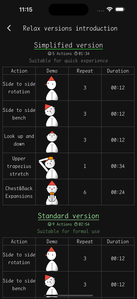 Table of neck relaxation exercises showing simplified and standard versions with demos and durations