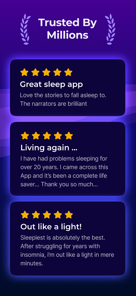 Sleepiest: Sleep Meditations - Three five star user reviews for the Sleepiest sleep app showing positive feedback and high ratings