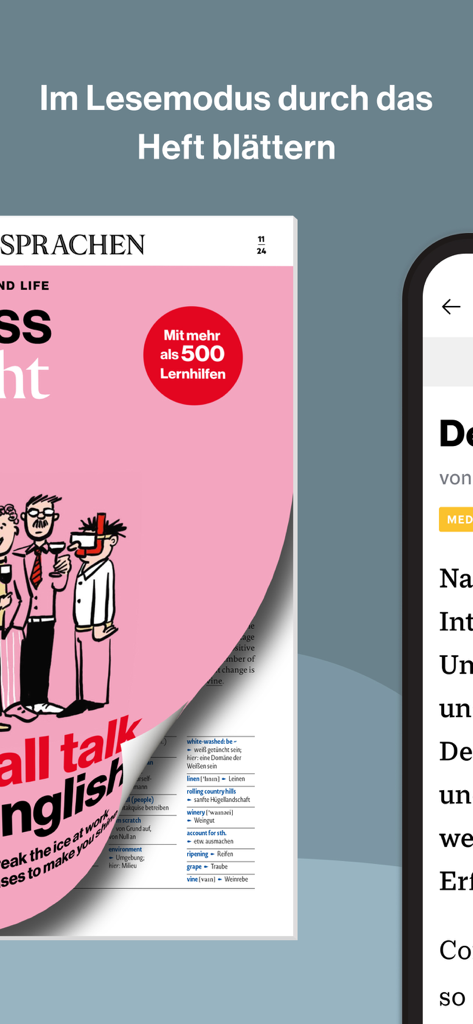 Reading mode in the Business Spotlight English learning app showing a digital magazine cover and vocabulary help.