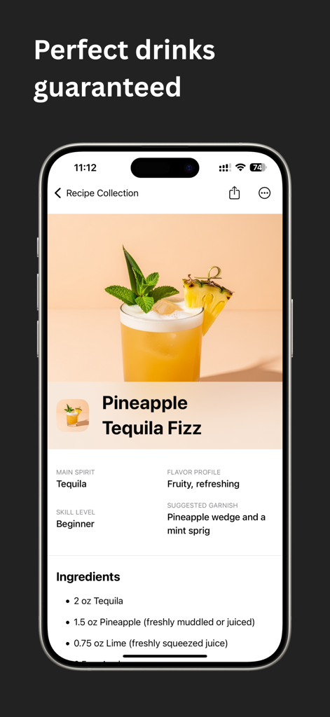 Cocktail Recipes -  Sip AI - Mobile app screen showing a Pineapple Tequila Fizz recipe with ingredients and preparation details.