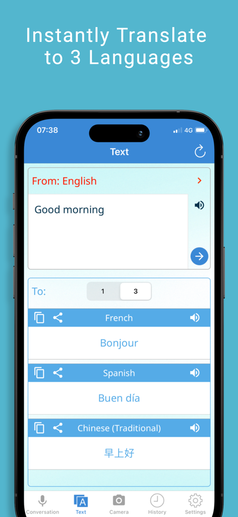 Multi Translate Voice AI - Multi Translate Voice AI app interface showing translation into three languages at once