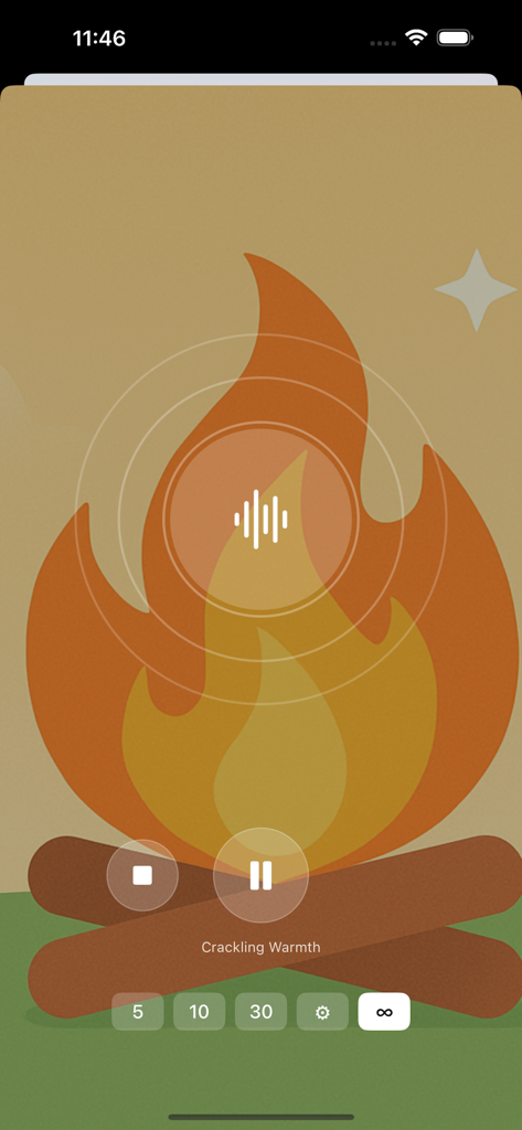 Drop: Focus & Calm - A stylized campfire graphic with audio controls for crackling warmth nature sounds in the Drop app