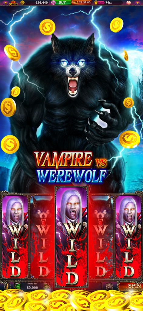 Galaxy Casino - Slots game - Máquina tragamonedas temática Vampiro contra Hombre Lobo en la aplicación Galaxy Casino