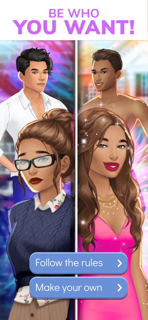 Episode - Choose Your Story - Uno schermo diviso che mostra due diversi stili di personaggio con pulsanti di scelta interattivi per seguire le regole o fare a modo tuo