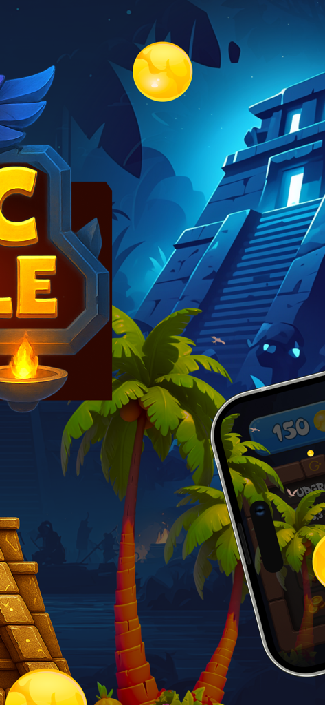 Ostec Crumble - Ostec Crumble game interface showing a stylized Aztec pyramid and jungle landscape at night