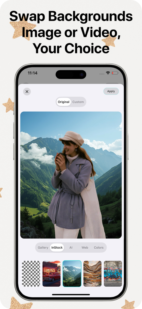 Video Background Changer - Smartphone screen showing the video background changer app interface with a woman in front of a mountain landscape.