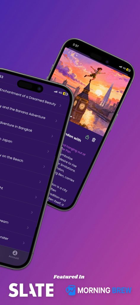 Dream Interpreter AI - Dream Interpreter AI app interface showcasing dream logs and press mentions from Slate and Morning Brew