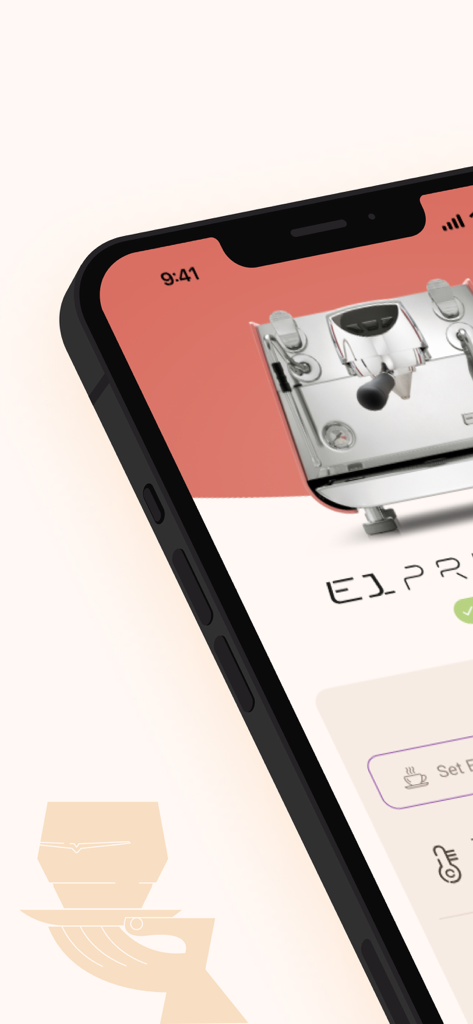 Victoria Arduino E1 Prima - プロフェッショナルなエスプレッソマシンの設定を行うVictoria Arduino E1 Primaアプリのインターフェースを表示するスマートフォン。