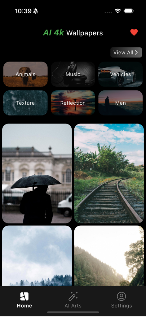 4K Wallpapers HD Background - Pantalla de inicio de la aplicación Fondos de Pantalla 4K HD mostrando categorías de fondos de pantalla e imágenes HD.