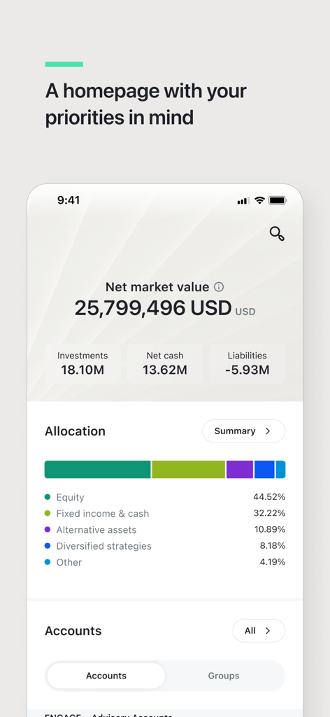 J.P. Morgan Private Bank app homepage displaying net market value, investment breakdown, and asset allocation summary