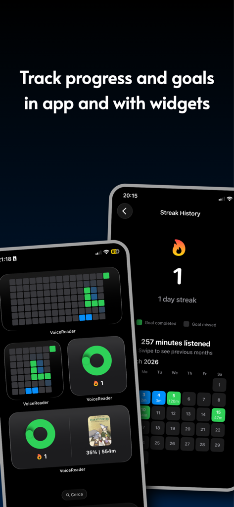 Offline AudioBook: VoiceReader - Widgets de iOS e historial de rachas para la aplicación Audiolibro sin conexión VoiceReader