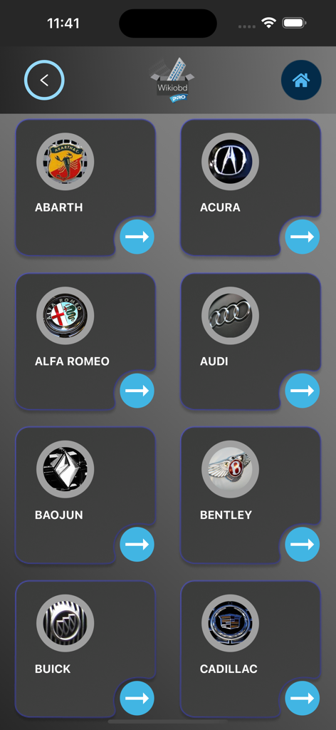 Interface of WIKI OBD PRO app displaying a grid of car brand logos for diagnostic socket location