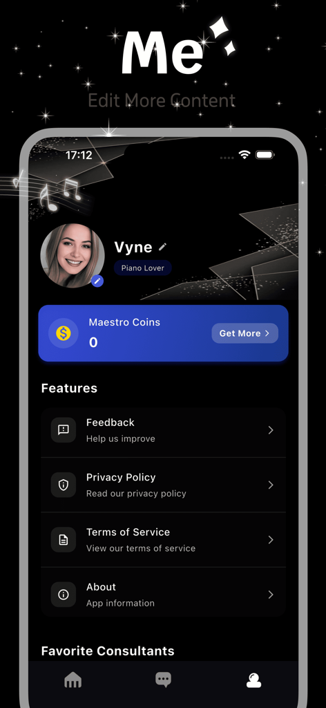 Panno - Écran du profil utilisateur de l'application d'apprentissage du piano Panno affichant les paramètres du compte et les pièces Maestro.