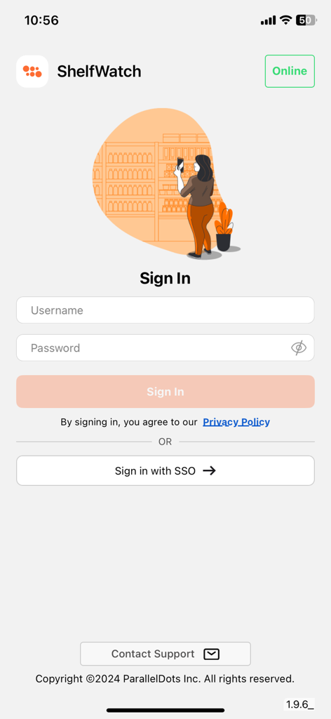 Sign in screen of the ShelfWatch Plus app for retail execution showing fields for username and password