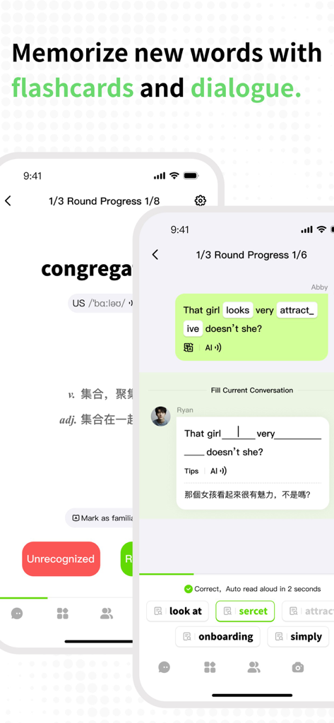 TalkAI-Language Speaking - TalkAI mobile app screens displaying flashcard vocabulary study and interactive dialogue exercises