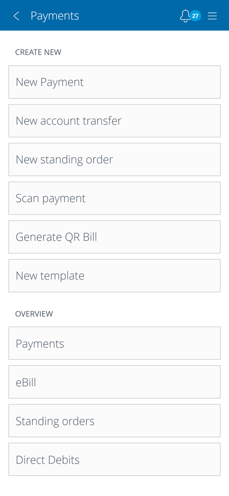 AKB Mobile App - La interfaz de pagos de la App Móvil AKB mostrando opciones para nuevos pagos, transferencias de cuenta y escaneo de facturas QR.