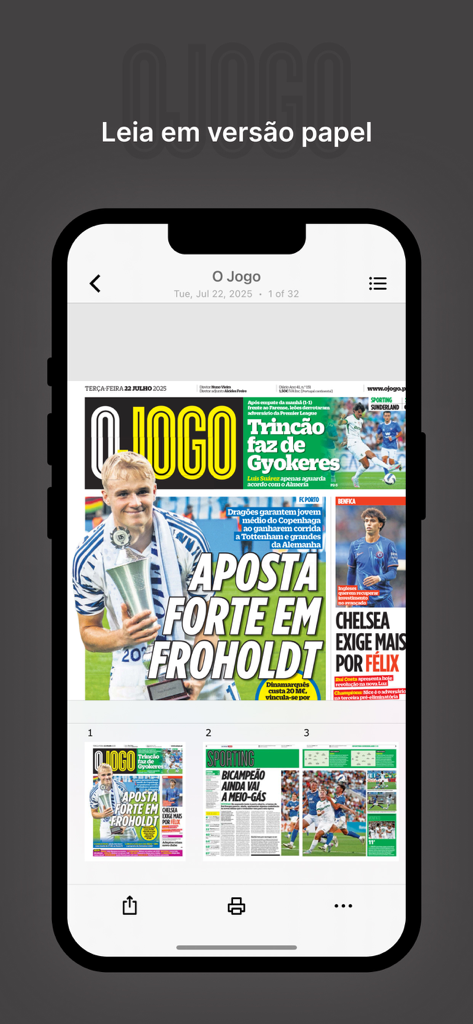 Application mobile O Jogo affichant la version du journal numérique sur un écran d'iPhone montrant les gros titres sportifs portugais