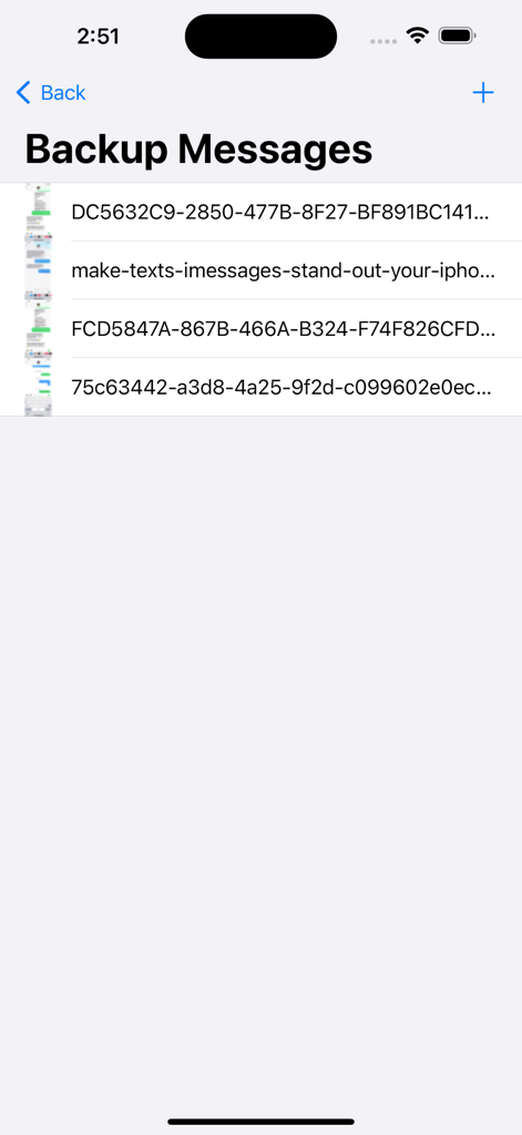 A list of SMS messages backed up as images in the mobile app