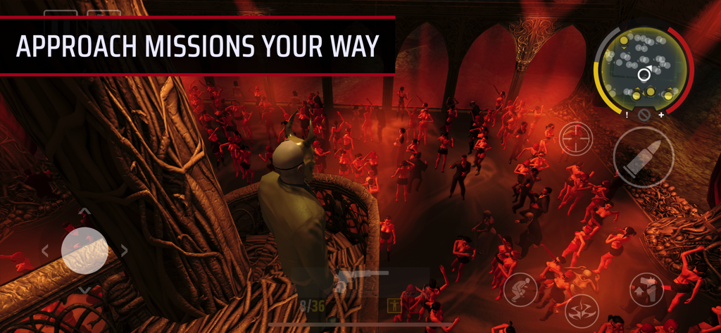 Hitman: Blood Money — Reprisal - Agent 47 overlooking a crowded red lit club during a mission in Hitman Blood Money Reprisal