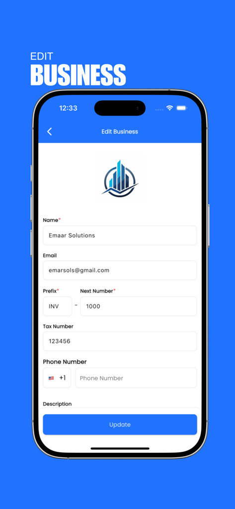 Tela mostrando a edição do perfil da empresa com campos para nome, e-mail e número de impostos.