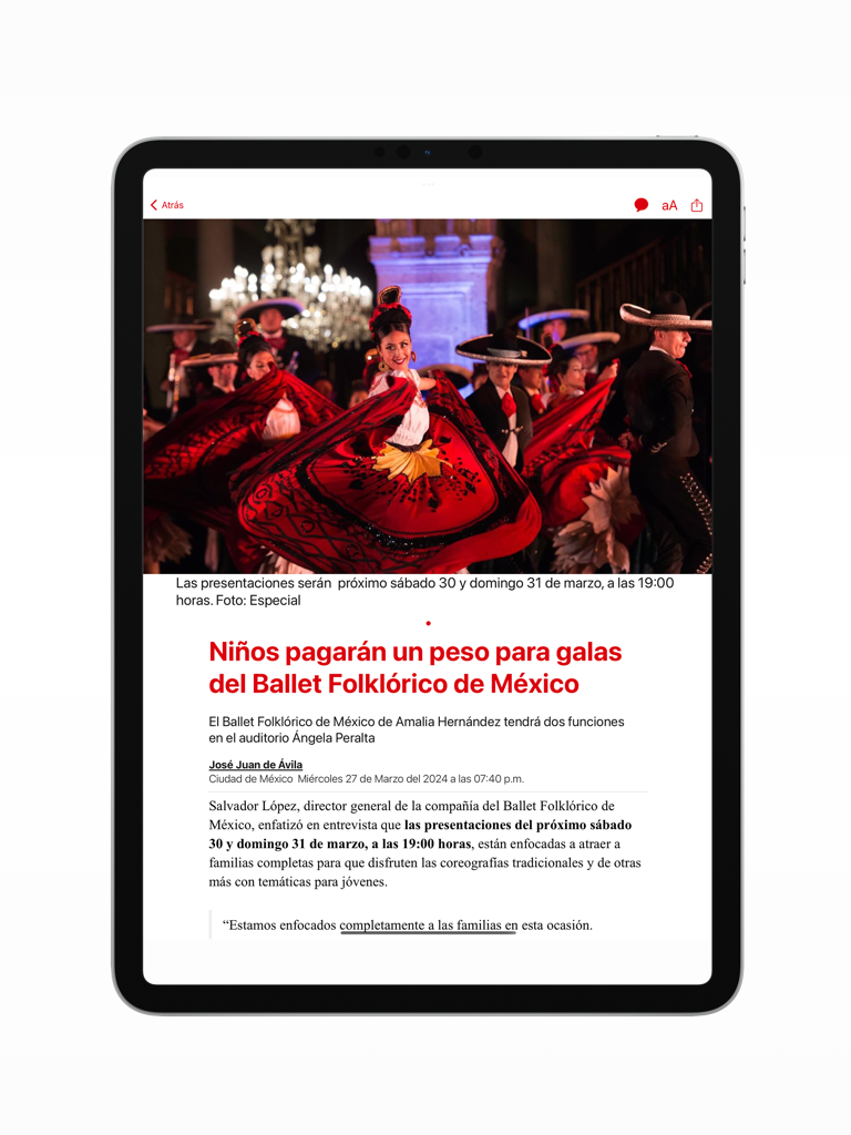 Milenio Impreso - Un artículo de noticias sobre el Ballet Folklórico de México en la aplicación Milenio Impreso en un iPad