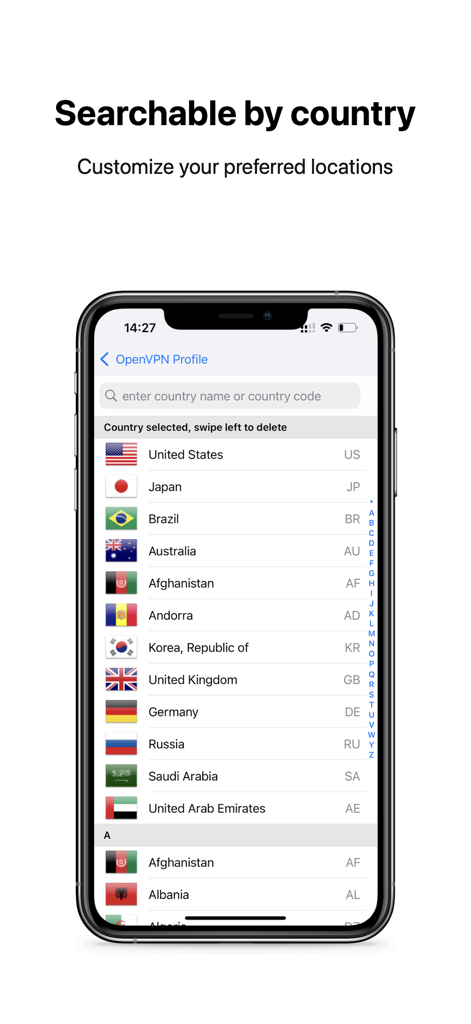 Interface showing a searchable list of countries for OpenVPN profiles including United States Japan and United Kingdom