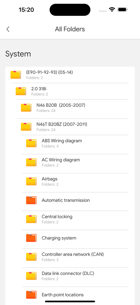 Auto ISM - Auto ISM App-Bildschirm, der eine Liste von Fahrzeugsystemordnern anzeigt, einschließlich Schaltplänen.