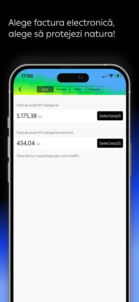 myPPC - Mobile app screen of myPPC showing total balance for multiple energy accounts