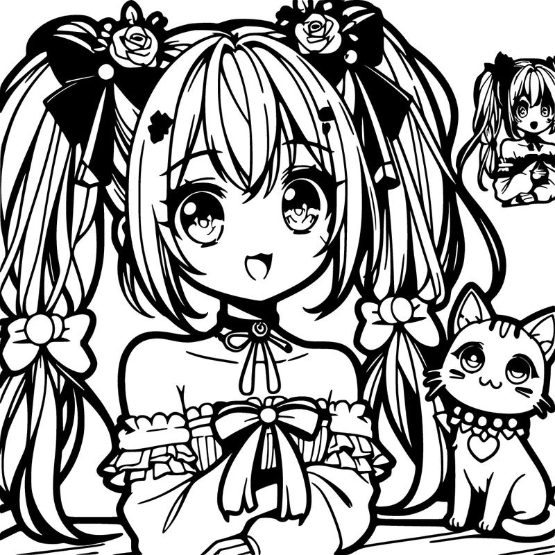 anime girl 2 ponytails with cat