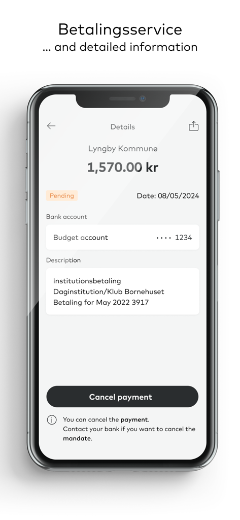 A mobile app screen showing detailed information for a pending bill payment including the amount and a cancel payment button