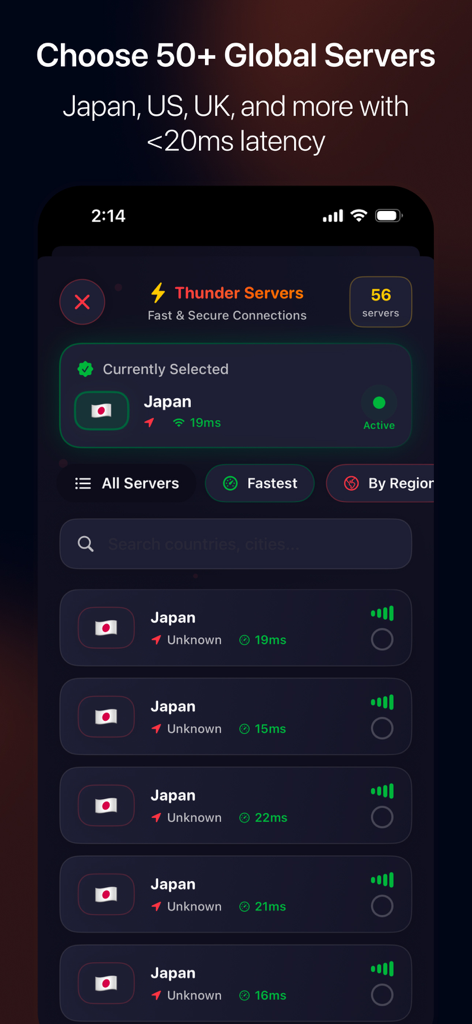 Thunder VPN - Proxy Unlimited - Thunder VPN interface showing a list of 50 plus global servers with low latency.