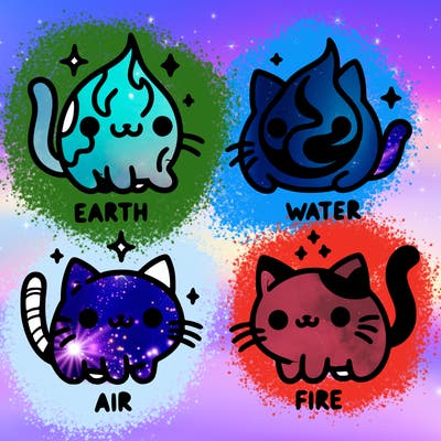4 cats that represent the different elements, earth, water, air, and fire