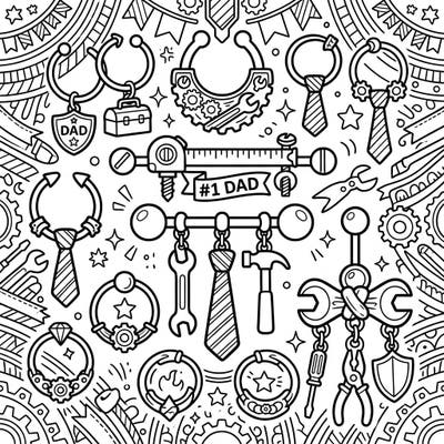 Dive into a wonderfully creative Father's Day tribute with this unique coloring page, blending intricate body jewelry designs with beloved dad-themed elements. Discover charming ties, useful tools, and hero motifs, all ready for your artistic touch to make this celebration truly special.