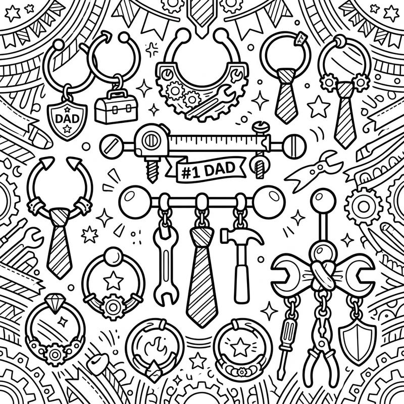 Dive into a wonderfully creative Father's Day tribute with this unique coloring page, blending intricate body jewelry designs with beloved dad-themed elements. Discover charming ties, useful tools, and hero motifs, all ready for your artistic touch to make this celebration truly special.