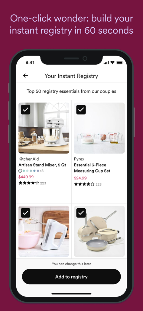 Zola app screen showing the instant registry feature with a selection of popular wedding gifts