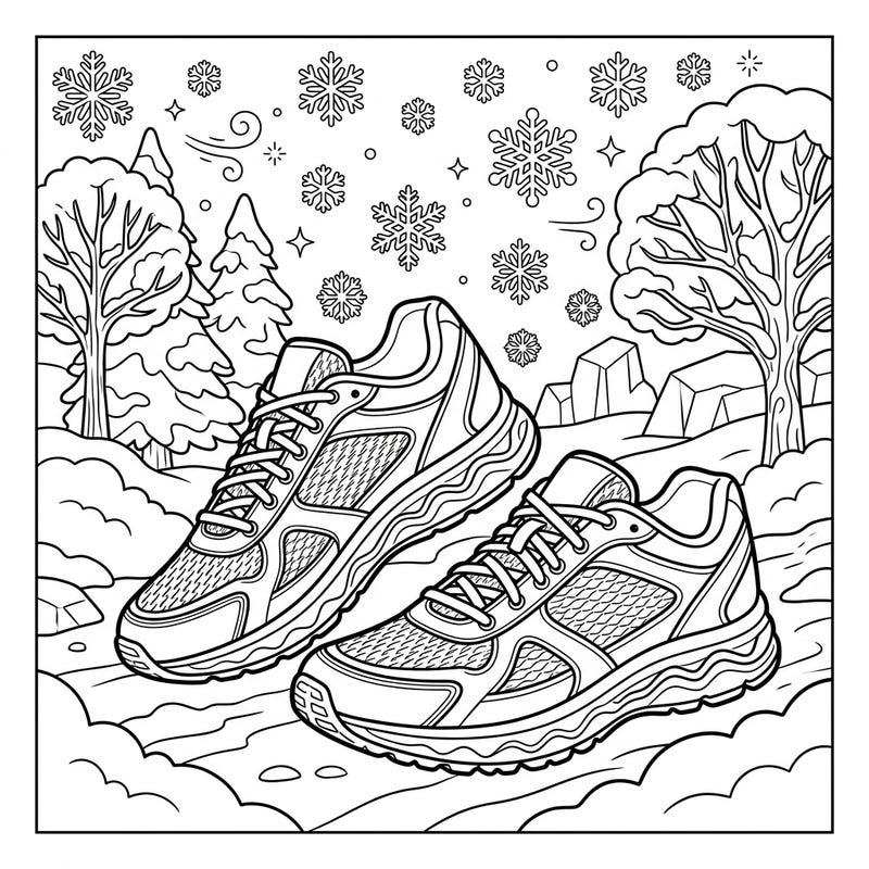 This engaging coloring page features a pair of dynamic running shoes nestled in a beautiful winter wonderland. Dive into a frosty scene complete with delicate snowflakes and snow-covered trees, ready for your creative touch.