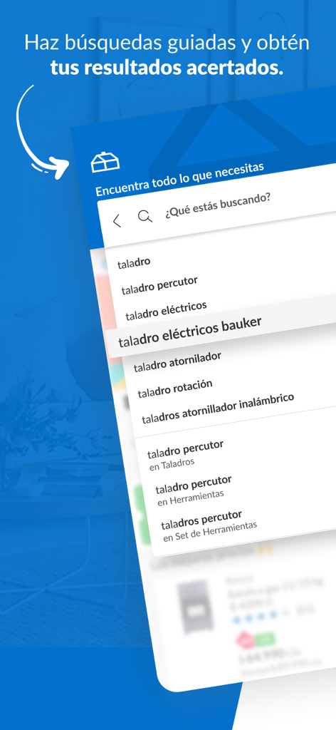 Sodimac: Casa y Construcción - Uma captura de tela da interface do aplicativo Sodimac mostrando o recurso de pesquisa guiada com sugestões de produtos para furadeiras elétricas em espanhol.
