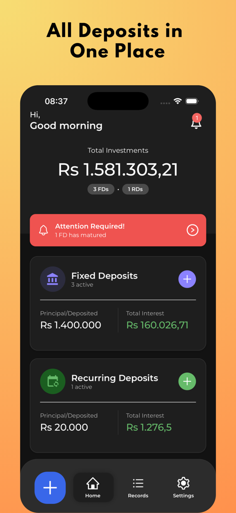 Mobile app dashboard for tracking fixed and recurring deposits with investment summaries and maturity alerts