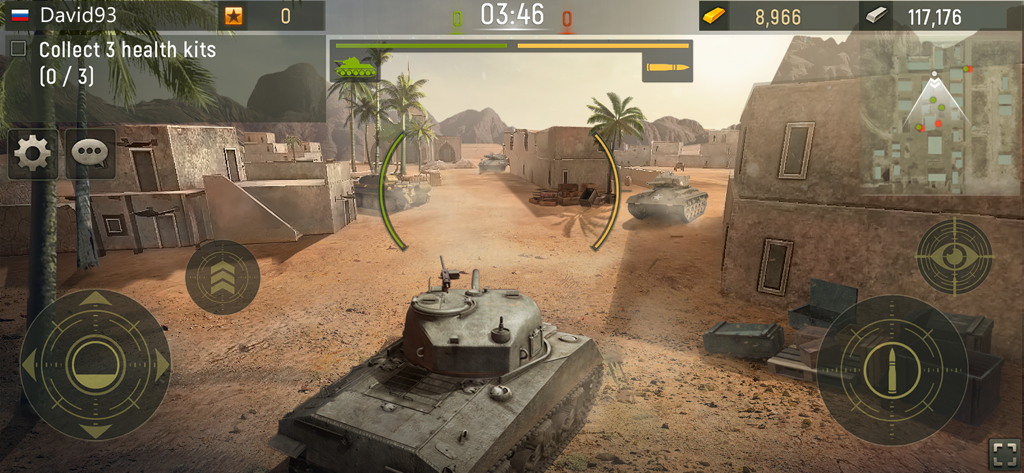 In-game screenshot of Grand Tanks showing a third-person view of a tank battle in a desert town environment.