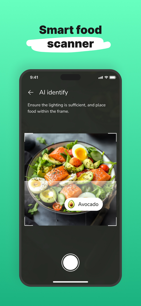 Eatr: Tasty Cooking Recipes - Scanner de alimentos inteligentes do aplicativo Eatr identificando abacate em uma salada saudável