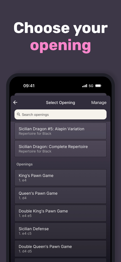 Noctie Chess Trainer - Écran de l'application Noctie Chess Trainer pour choisir une ouverture d'échecs à pratiquer