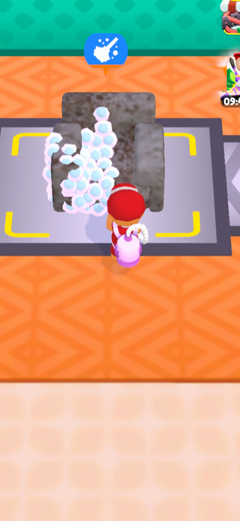 Carpet Cleaning ASMR - Carpet Cleaning ASMRモバイルゲームで、汚れた椅子に満足のいく白い泡を塗っているキャラクター。